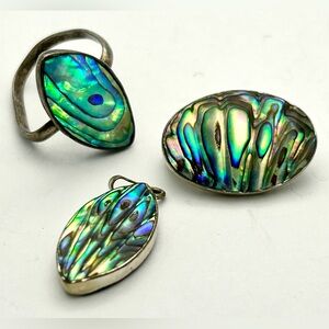 New Zealand Ataahua Paua Shell and Silver. Ring, brooch and pendant